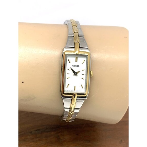 Seiko Women's Watch SWR044 Quartz Petite Tank Rectangle White Dial 2-Tone Steel - Picture 11 of 14